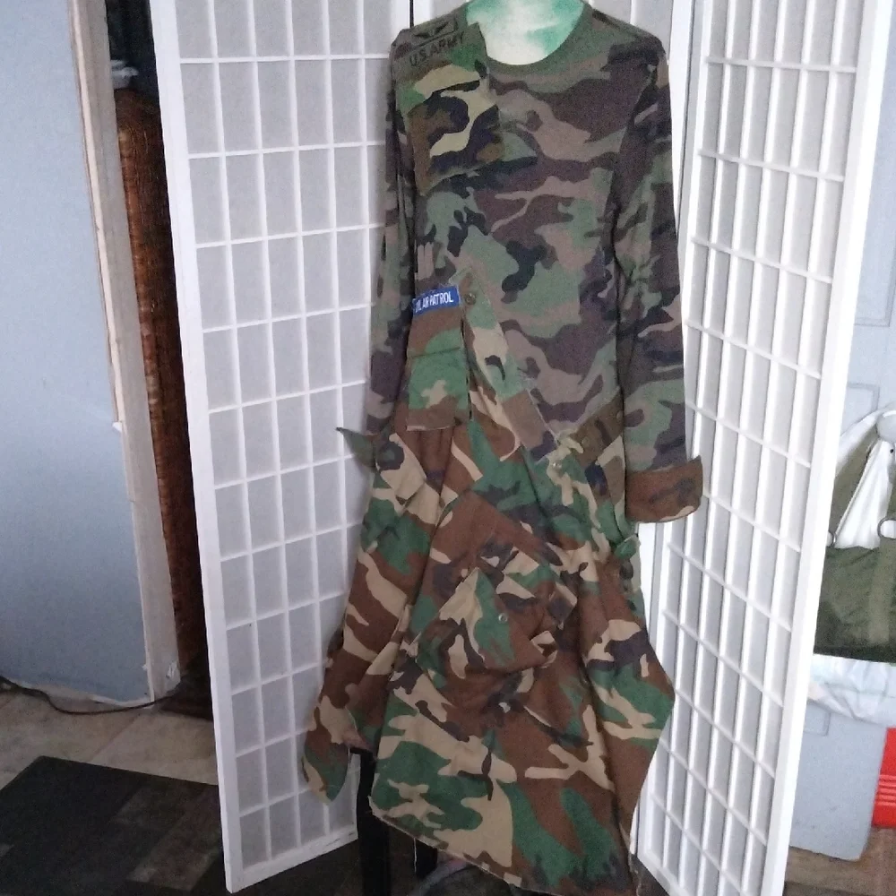 Upcycle / Refurbished Camouflage Asymmetrical Long Sleeve Maxi Dress - Picture 2 of 16